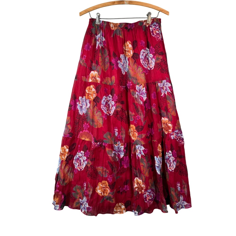 Women's Red Floral Midi Skirt - Elegant Tiered Design